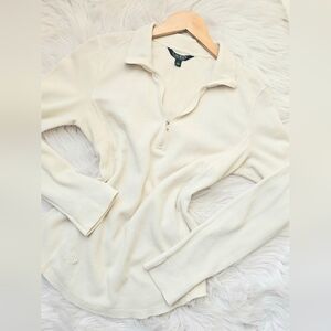 Ralph Lauren Waffleknit Cotton Cream Long Sleeve Quarter Zip Polo Top